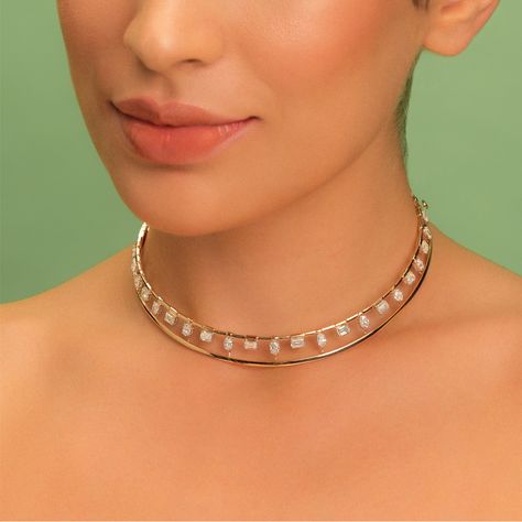 Adorn yourself in understated luxury with our sleek diamond choker set, a timeless expression of elegance. Shop our latest collection at Madan Jewellers - Naresh Khanna Group. #MadanJewellersIndia #Diamonds #Gold #HighJewellery #FineJewellery #JewelleryGram #InstaJewellery #JewelleryForBrides #necklace #blacklove Diamond Chocker, Diamond Choker Set, Choker Necklace Designs, Art Jewelry Design, Understated Luxury, Diamond Choker, Retro Geometric, Choker Set, Jewellery Design