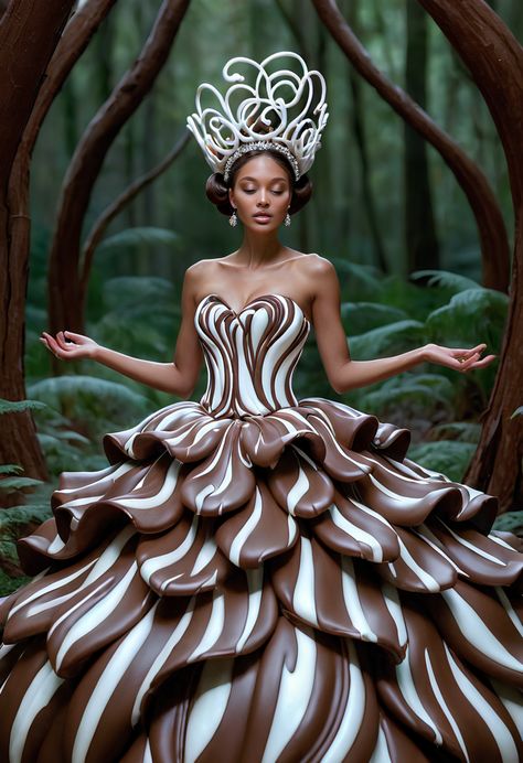 Chocolate Swirl Elegance: Couture Confection Delight Avant Garde Fashion Couture, Whimsical Outfit, Newspaper Print Dress, Textured Gown, Avant Garde Outfit, Couture Gown, Chocolate Swirl, Green Gown, Embellished Gown