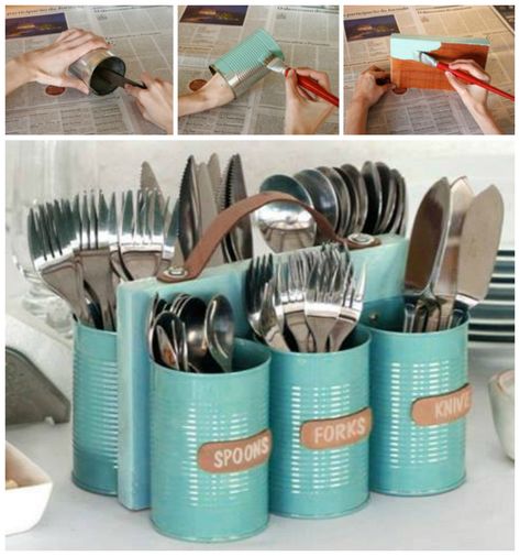 DIY Tin Can Utensil Caddy Bee Craft Ideas, Utensils Holder Diy, Oui Jar Crafts, Upcycled Organization, Picnic Caddy, Caddy Diy, Tin Can Projects, Coffee Can Crafts, Tin Can Ideas