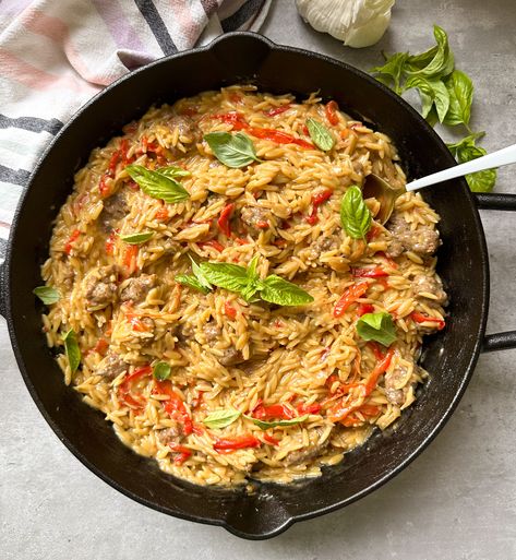 Fried Sausage & Pepper Orzo Sausage And Pepper Orzo, Fried Sausage And Pepper Orzo, Sammy Montgoms, Sausage Orzo, One Pot Sausage, Homemade Italian Sausage, Fried Peppers, Fried Sausage, Sausage Dinner