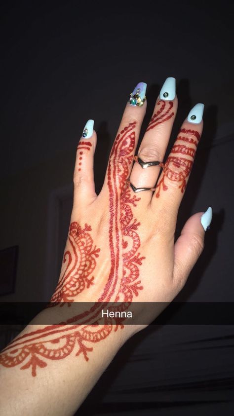 Fancy coffin blue nails with henna tattoo Nails With Henna, Coffin Blue Nails, Blue Henna, Henna Tattoo, Hand Henna, Blue Nails, Hand Tattoos, Henna, Nail Art