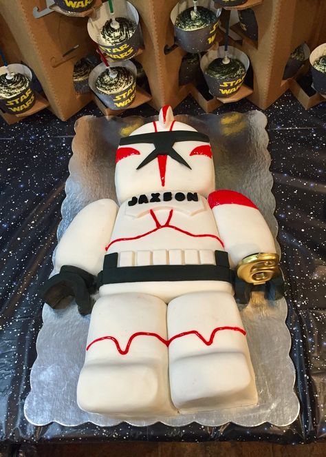 Clone trooper cake for Jaxson's 6th birthday. This was my first attempt with fondant and it wasn't as hard as I thought it would be! Clone Wars Birthday Party, Clone Trooper Cake, Storm Trooper Cake, Star Wars Birthday Cake, Star Wars Cake, Xmas Cake, Birthday Star, Birthday Stuff, Star Wars Birthday