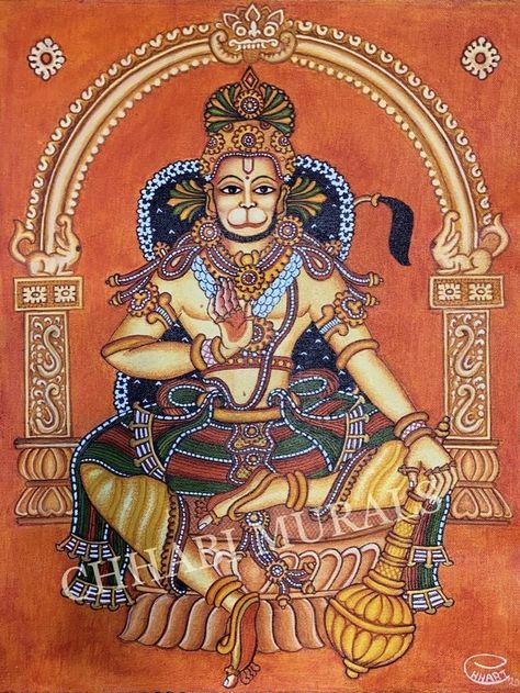 Kerala Mural Painting Hanuman, Hanuman Mural Painting, Mural Art Indian, Kerala Mural Painting On Canvas, Kerala Mural Art, Hanuman Drawing, Urban Art Painting, Mural Art Design, Mural Paintings