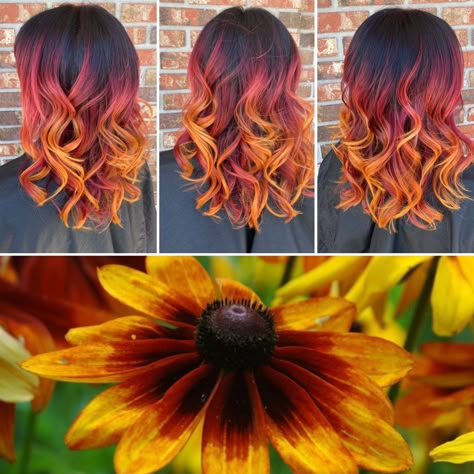 Red Orange Yellow Ombre Hair, Black Red Orange Yellow Hair, Orange Red And Brown Hair, Red Orange Yellow Peekaboo Hair, Red To Yellow Ombre Hair, Sunflower Ombre Hair, Sunflower Hair Color Ombre Short, Red And Orange Ombre Hair, Vibrant Fall Hair Color