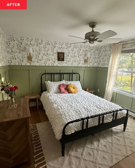 Wainscoting around newly renovated bedroom with floral wallpaper. Grandma Vibes, Cottage Core Room, Cottagecore Bedroom, Board And Batten Wall, Big Design, An Aesthetic, Blank Walls, Blue Walls, Bed Styling