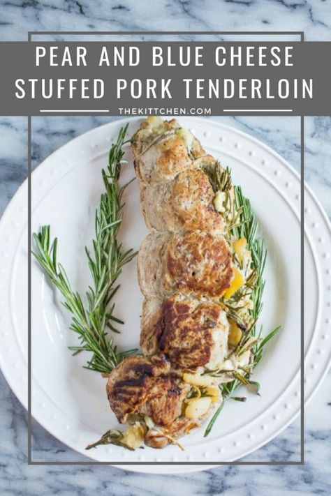 Pear And Blue Cheese Stuffed Pork Tenderloin, Pork Tenderloin With Pears, Pear Stuffed Pork Tenderloin, Blue Cheese Stuffed Pork Chops, Blue Cheese Stuffed Pork Tenderloin, Pork Tenderloin And Pears, Pear And Pork Recipes, Dinner Recipes With Pears, Cheese Stuffed Pork Tenderloin