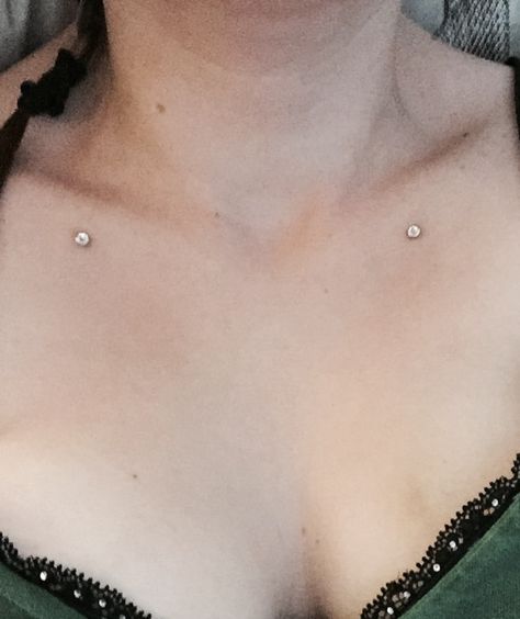 My dermal's I had done. Love them. Piercing Chest Dermal, Clavicle Piercing, Hip Dermal Piercing, Cheekbone Dermal, Chest Dermal Piercing, Collar Bone Piercing Dermals, Dermal Piercing Clavicle, Back Tattoo With Dermal Piercing, Dermal Piercing Chest