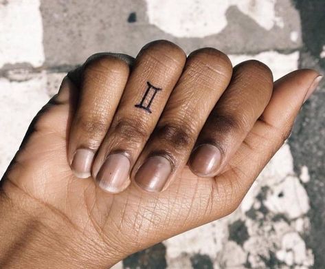 Gemini Zodiac symbol tattoo on the ring finger. Hand Tattoos Gemini, Gemini Finger Tattoos For Women, Gemini Tattoo On Finger, Gemini Tattoo Finger, Gemini Hand Tattoo, Gemini Zodiac Tattoos For Women, Gemini Finger Tattoo, Small Gemini Tattoo, Cool Tattoos With Meaning