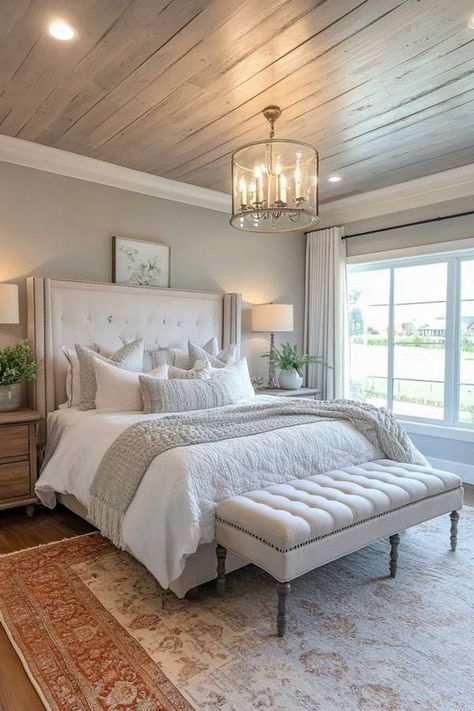 Farmhouse Decor Bedroom Master Suite, Bedroom Paint Colors Relaxing, Bedroom Decor Ideas Cozy, Neutral Bedroom Decor Ideas, Farmhouse Decor Bedroom, Reclaimed Wood Bed Frame, Neutral Bedroom Decor, Barn Style Sliding Doors, Sophisticated Bedroom