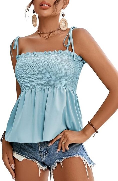 LYANER Women's Tie Shoulder Frill Shirred Ruffle Hem Sleeveless Strappy Cami Blouse Peplum Top at Amazon Women’s Clothing store Summer Ties, Holiday Club, Sleeveless Peplum Top, Cami Shirt, Blouse Tank Top, Women's Tie, Pleated Blouse, Straight Dress, Summer Tank Tops