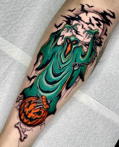 Scooby Doo Ghost, Pumpkin Tattoo, Green Ghost, Scary Tattoos, Spooky Tattoos, Gothic Tattoo, Horror Tattoo, Makeup Tattoos, Halloween Tattoos