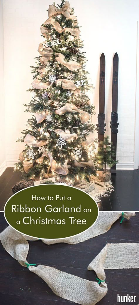 Ribbon Down The Christmas Tree, Word Garland On Christmas Tree, Using Burlap On Christmas Tree, Horizontal Ribbon On Christmas Tree, How To Add Beaded Garland To Christmas Tree, Burlap Ribbon Christmas Tree Easy Diy, Burlap Tree Garland, Beads On Christmas Tree How To Hang, How To Layer Ribbon On Christmas Tree