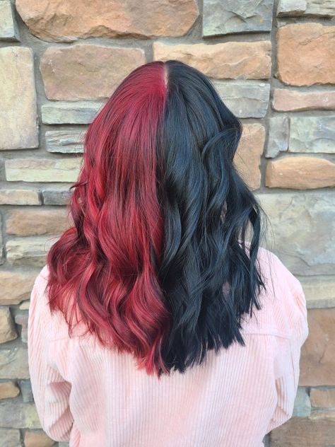 Half Auburn Half Black Hair, Half Red Hair Half Black, Half Head Hair Color, Half Black Half Dark Red Hair, Red And Dark Brown Hair Half And Half, Half Red Half Blue Hair, Half Burgundy Half Black Hair, Half Brown Half Red Hair, Split Dye Red And Black