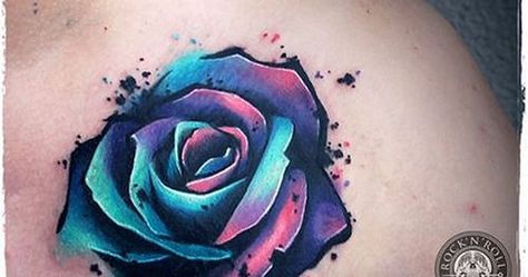 a lot of the colors used in watercolor tattoos ive havent seen used on tattoos beforei like it Colorful Rose Tattoos, Tatuaje Cover Up, Purple Rose Tattoos, Watercolor Rose Tattoos, Blue Rose Tattoos, Muster Tattoos, Blue Tattoo, Wolf Tattoo Design, Tatuaje A Color