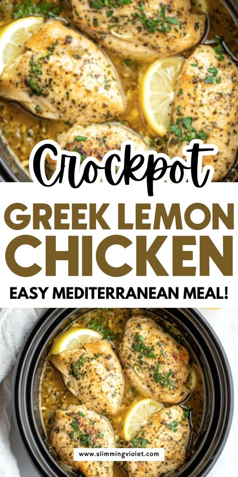 Bright, zesty, and full of Mediterranean flavors, this Crockpot Greek Lemon Chicken is a fresh take on dinner! Juicy chicken is slow-cooked with garlic, lemon, and herbs for a flavorful, healthy meal. Serve it with rice, roasted veggies, or a crisp salad for a light yet satisfying dinner. Perfect for meal prep or entertaining, this recipe is as simple as it is delicious. Save this pin to bring a touch of the Mediterranean to your dinner table! Healthy Meals For Two Crock Pots, Light Chicken Crockpot Recipes, Healthy Crockpot Meals Dairy Free, Crock Pot Lemon Garlic Chicken, Slow Cooker Healthy Dinner, Chicken And Orzo Crockpot, Mediterranean Crockpot Chicken Recipes, Chicken Lemon Rice Soup Crockpot, Slow Cooker Clean Eating Recipes