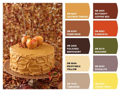 "Caramel Apple Cake" - Color Palette Inspiration Chip It! by Sherwin-Williams – Home Caramel Color Palette, Caramel Apple Cake, Color Palette Inspiration, Palette Inspiration, Paint Color Palettes, Exterior Paint Colors For House, Copper Red, House Paint, Colorful Cakes