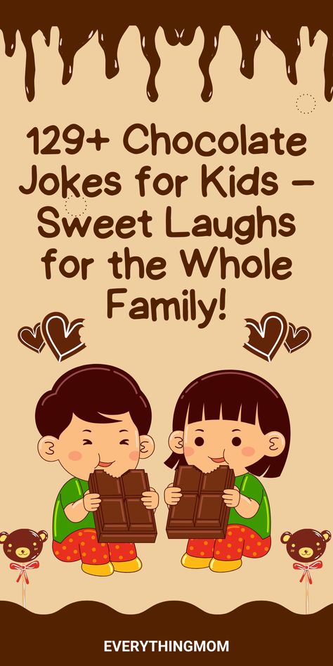 Add some sweetness to your day with 129+ chocolate jokes for kids! These family-friendly jokes are perfect for sharing laughs with your little ones or lightening up any gathering. From clever puns to hilarious one-liners, this collection is sure to keep everyone smiling. Click now and enjoy a dose of humor that’s as delightful as chocolate itself! Chocolate Jokes, Jokes For Teenagers, Jokes For Kids Hilarious, Kid Friendly Jokes, Food Jokes, Pregnancy Calendar, Toddler School, Funny Jokes For Kids, Kids Laughing