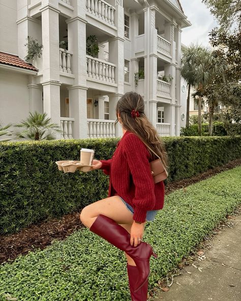 Wine red is the color of the season ♥️🍂🧸🤎🍒💋 Also how perfect for this crazy weather is a cozy cardigan with a mini skirt and boots? Wine Boots Outfit, Wine Skirt Outfit, Skirt With Thigh High Socks, Tennis Skirt Outfit Plus Size, Tennis Skirt Outfit Winter, Platform Mary Janes Outfit, Tennis Skirt Outfit Aesthetic, Tennis Skirt Outfit Street Style, Wine Boots