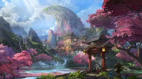 HD wallpaper: artwork, fantasy art, Chinese architecture, mountains, cherry blossom | Wallpaper Flare Architecture Wallpaper, Japon Illustration, Fantasy City, Fantasy Places, Chinese Architecture, Fantasy Art Landscapes, Fantasy Concept Art, Ancient Architecture, 판타지 아트