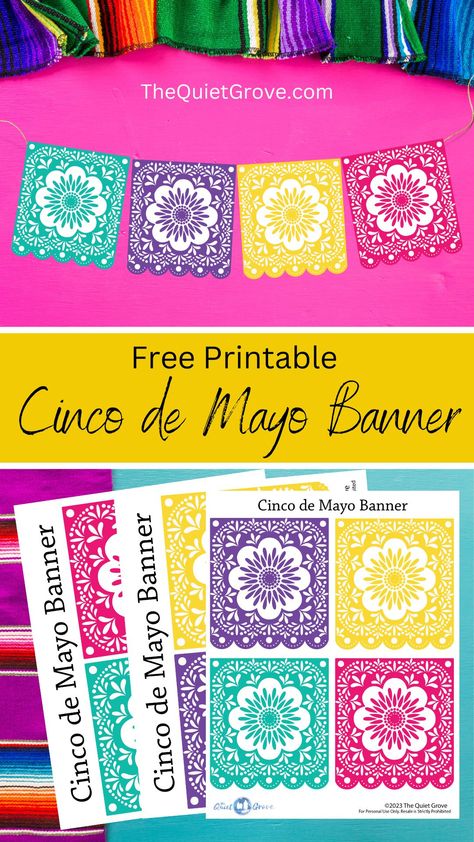 Are you looking for a free printable Cinco de Mayo Banner to decorate with for the holiday? You'll love this Papel picado-style paper banner. #CincoDeMayo #CincoDeMayoPrintable #FreePrintable #PrintableBanner Mexican Printables Free, Fiesta Svg Free, Fiesta Banner Printable, Cinco Party, Mexican Banner, Mexican Theme Party Decorations, Mexican Papel Picado, Christmas Fonts Free, Diy Birthday Banner