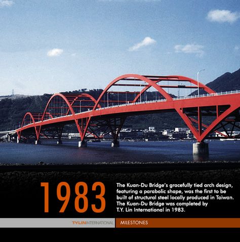 The Kuan-Du Bridge's gracefully tied arch design, featuring a parabolic shape, was the first to be built of structural steel locally produced in Taiwan. The Kuan-Du Bridge was completed by T.Y. Lin International in 1983. #throwbackthursday #tyli60years Parabolic Structure, Structural Steel, Arch Design, Local Produce, Sydney Harbour Bridge, Milestones, Taiwan, Arch, The One