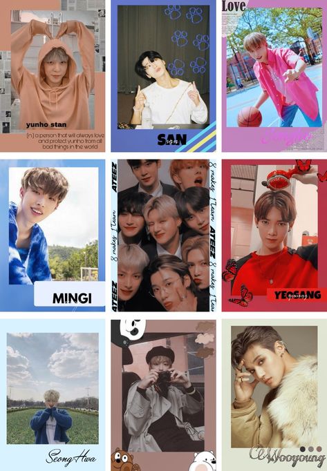 Ateez Polaroid, Ateez Photocards, Polaroid Collage, Kpop Polaroid, Bts Polaroid, Kpop Diy, Song Min-gi, Printables Freebies, Aesthetic Desktop Wallpaper