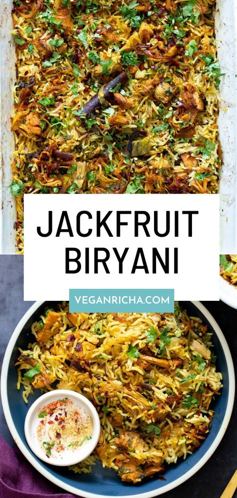 Fragrant jackfruit biryani uses prepared jackfruit instead of meat to veganize this favorite dish! I’ve also converted the recipe from stovetop to oven to make it incredibly easy to prepare! Jackfruit Biryani, Jackfruit Recipes, Vegan Indian Recipes, Vegan Main Dishes, Yummy Salad Recipes, Biryani Recipe, Vegetarian Recipes Dinner, Vegan Recipes Healthy, Biryani