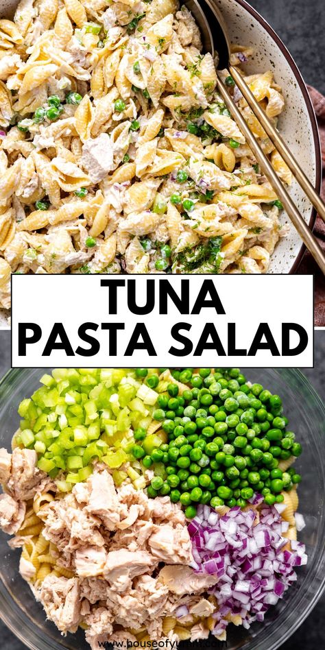 This Tuna Pasta Salad features shell pasta, canned tuna, green peas, celery, red onion and fresh dill all in a creamy, tangy dressing. The perfect cold side dish or light meal option for hot days. Serve alongside your favorite picnic or BBQ meals! Cold Tuna Noodle Salad, Cold Pasta Salad Dressing, Cold Side Dishes For Bbq, Meals For Hot Days, Can Peas Recipe, Tuna Pasta Salad, Tuna Dinners, Cold Salad Recipes, Fish Pasta