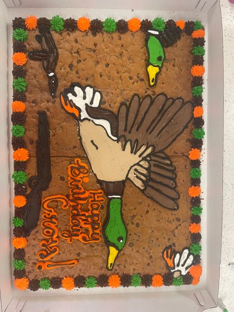 #cookiecake #cakedesign #duck Hunting Duck Cake, Duck Hunting Cakes For Men, Mallard Birthday Cake, Camo Cookie Cake, Duck Hunting Themed Birthday Party, Duck Hunter Cake, Duck Hunting Birthday Cake, Duck Hunting Cookies, One Lucky Duck Birthday Party Food Ideas