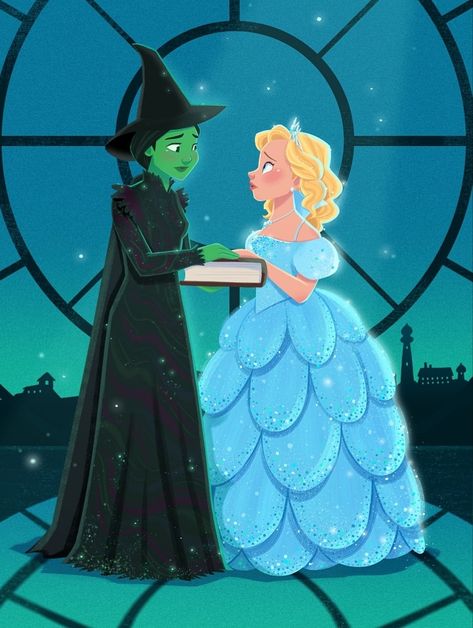 Elphaba and Glinda fan art. Broadway Wicked, The Witches Of Oz, Wicked Art, Wicked The Musical, Elphaba And Glinda, Wicked Musical, Musical Theatre Broadway, Theatre Geek, City Cartoon