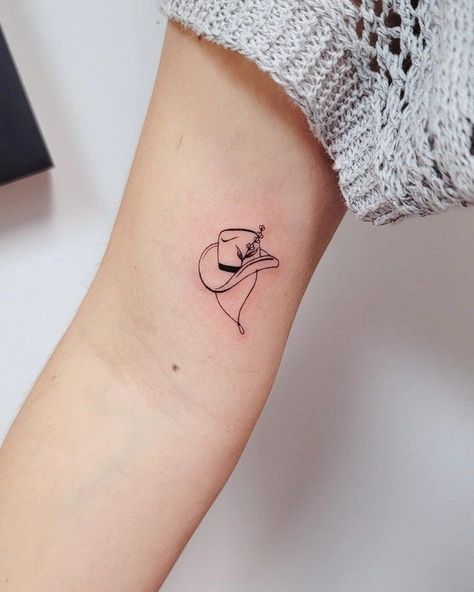 Minimal Cowgirl Tattoo, Small Tattoos Nashville, Stetson Cowboy Hat Tattoo, Small Cowboy Hat Tattoos, Small Rodeo Tattoos, Small Cowboy Hat Tattoos For Women, Disco Cowboy Hat Tattoo, Smiley Face With Cowboy Hat Tattoo, Small Tattoos To Get In Nashville