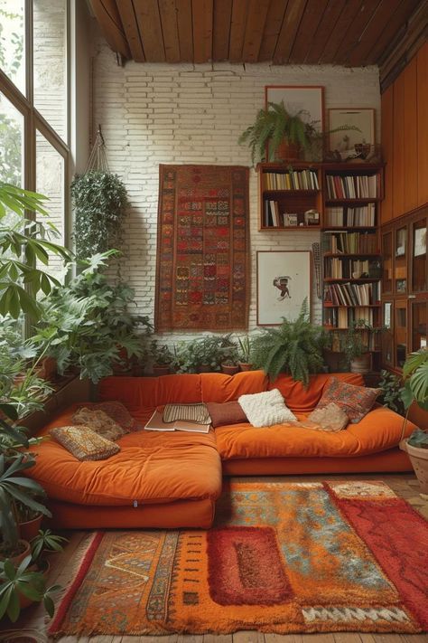 Comfortable Eclectic Living Room, Cosy Sofa Ideas, Terracotta House Interior, Artist House Interior, Sunken Living Room 70s Conversation Pit, Desert Aesthetic Home, Colorful Houses Interior, Dream Rooms Cozy, Exposed Brick Living Room