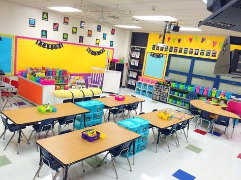 Classroom Organization Ideas from First Grade Made Long Classroom Layout, Classroom Storage With Tables, Storage For Tables In Classroom, Student Storage For Tables, Classroom Set Up With Tables, Classroom Table Organization Storage, Classroom With Tables Instead Of Desks, Classroom Library Ideas Kindergarten, Classroom Table Setup