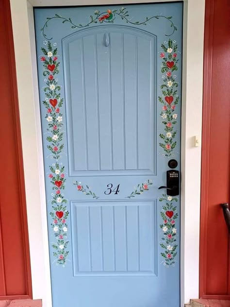 Cottagecore Door Decor, Folk House Decor, Floral Painted Front Door, Murals On Doors, Fun Door Ideas, Flowers Painted On Door, Folk Wall Painting, Stenciled Front Door, Fun Painted Doors