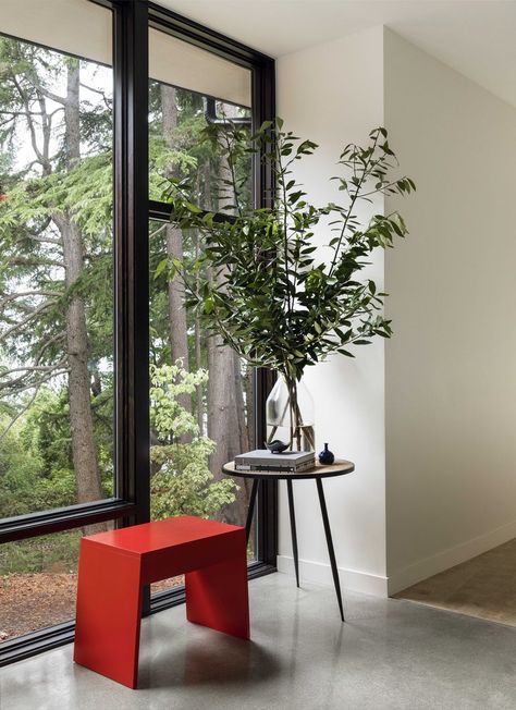 Tour a Modern Seattle Treehouse Designed by Andy Beers Small Upholstered Bench, Simple Bench, Simple Benches, Make A Door, Small Entryways, Small Bench, Mirrored Wall, Lakefront Homes, Entry Way Design