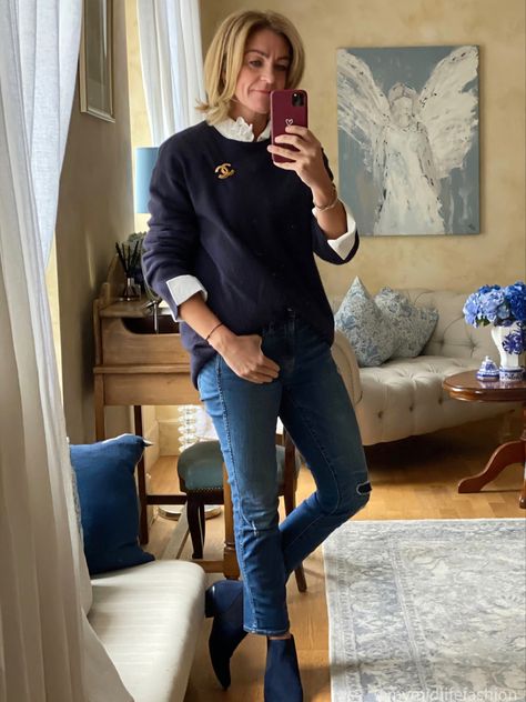 How to wear a frill detailed blouse with a boyfriend crew neck jumper & straight legged jean . . . #ootd #wiw #lotd #over40 #over40fashion #fashion #midlifestyle #over40style #midlife #whattowear #howtostyle #style #stylingtips #winterstyle #looksforwinter #winterfashion #whattowearinwinter #winterlooks #winterstylingtips #ideasonwhattowearinwinter Cos Shirt, J Crew Boots, Frill Neck Blouse, Jeans Jumper, Midlife Fashion, H&m Shirts, H&m Jeans, Ruffle Collar, Blouse Outfit