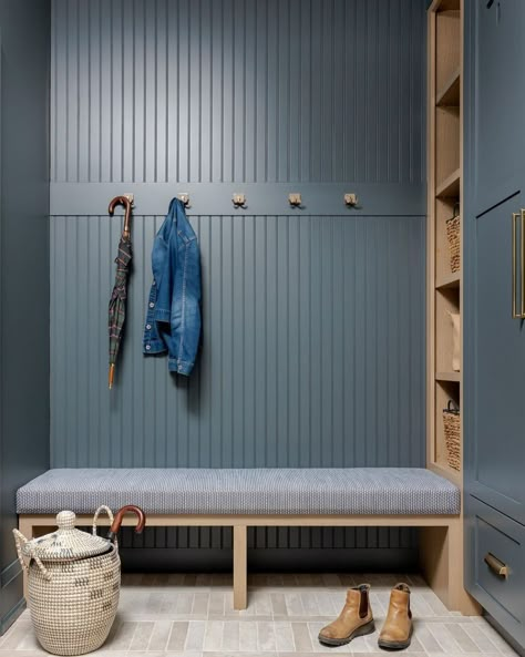 mudroom • Instagram Mudroom Entrance, Custom Millwork, Durable Flooring, Family Of Four, Built In Bench, Mudroom Bench, Front Entrances, Busy Family, Functional Storage