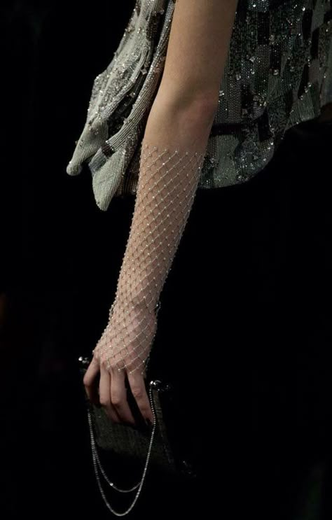 Mesh Gloves Outfit Aesthetic, Gloves Editorial, Gloves Runway, Beaded Gloves, Edgy Bridal, Armani Fashion, Gloves Fashion, Wedding Gloves, T Magazine