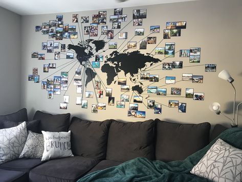 Traveler Room Ideas, Travel Map With Pictures, World Map Pictures Wall, Map Decoration Wall, Travel Theme Room Decor, Travel Theme Wall Decor, Travel Memories Display Wall Galleries, Travel Picture Wall Ideas Photo Displays, World Map Living Room