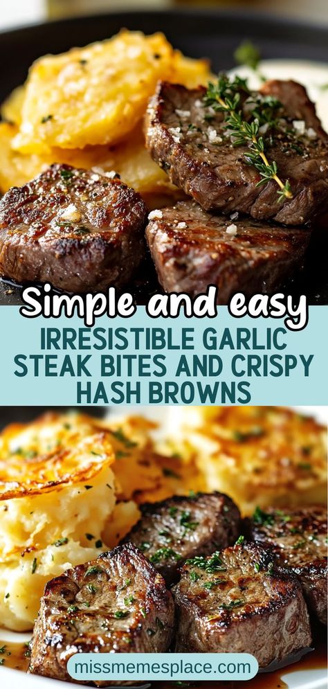 Discover the ultimate comfort food with this irresistible Garlic Steak Bites and Crispy Hash Browns recipe. Perfectly seared steak bites infused with aromatic garlic are paired with golden, crunchy hash browns, making this dish ideal for any meal of the day. Whether you’re hosting brunch or enjoying a cozy dinner, the flavor and texture of these steak bites are sure to impress. Customize your dish with your favorite seasonings or vegetables for an added twist Steak Bits In Crock Pot, Steak Bite Bowl, Steak Bites And Broccoli, Steak Bites And Rice Recipes, Steak For Breakfast Ideas, Steak Chunks Recipes, Slow Cooker Steak Bites, Steak Bits, Garlic Steak Bites