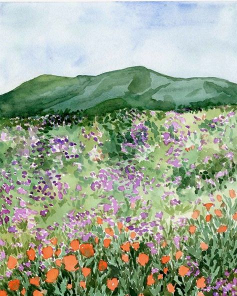 Painting Wildflowers, Poppies Watercolor, Landscape Painting Watercolor, Mountain Meadow, Watercolor House Painting, Watercolor Art Landscape, Field Landscape, Vertical Landscape, Watercolour Landscape