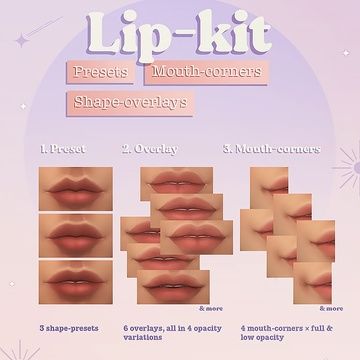 Lip-kit: presets, shape-overlays & mouth-corners | Miiko en Patreon Sims 4 Cc Lip Corners, Sims 4 Mouth Crease, Sims 4 Cc Lip Presets Female, Pouty Lip Slider Sims 4, Lip Presets Sims 4 Cc Patreon, Sims Mouth Presets, Mouth Corners Sims 4 Cc, Maxis Match Lip Preset, Sims 4 Cc Lips Shape Patreon