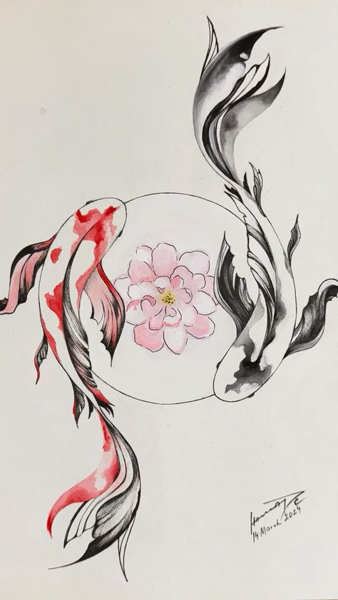 Cool Koi Fish Tattoos, Pisces Chinese Tattoo, Carp Drawing Art, Drawing Ideas Koi Fish, Koi Fish Circle Tattoo, Koi Carp Tattoo Design, Watercolor Art Koi Fish, Coi Carp Tattoo, Koi Carp Drawing