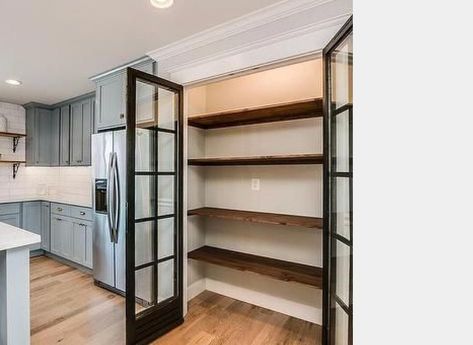 Pantry Design Reach In, Kitchen Pantry Double Doors, Double Door Closet Pantry Ideas, Reach In Pantry Ideas, Small Reach In Pantry, Reach In Pantry Design, Wall Pantry Design, Shallow Pantry Ideas, Reach In Pantry