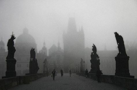 Charles bridge,Prague at sunrise in the fog by Viator.com, A Darker Shade Of Magic, Slytherin Aesthetic, Gothic Aesthetic, Voyage Europe, The Infernal Devices, Dark Academia Aesthetic, The Fog, Academia Aesthetic, Dark Photography