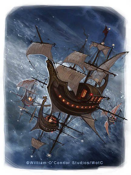 An advantage of using witchwood in a ship's construction has proven to be it's capability of maintaining a pocket of breathable air while in the void. Astral Sea, The Raven Queen, Flying Ships, Steampunk Ship, Airship Art, Max Aesthetic, Steampunk Vehicle, Flying Ship, 40k Orks