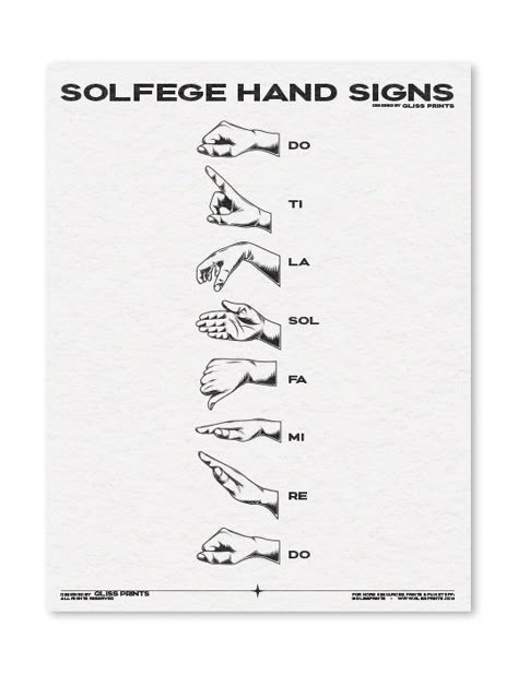 This digital print illustrates the seven Kodaly solfege hand signs, do re mi fa sol la ti do, with bold, original graphics! Solfege hand signs are a useful way for any musician to learn the scale degrees and aural skills. This is a perfect printable PDF for a choir director or anyone who sings in a chorus. Print this out at home and display it or use it as a classroom handout. Check out the rest of our Solfege collection! -Digital download, no physical product will be mailed-8.5x11 PDF-Easy to p Do Re Mi Hand Signs, Do Re Me Fa So La Ti Do Hand Signs, Do Re Mi Fa Sol La Si Hand Signs, Kodaly Hand Signs Printable, Do Re Mi Fa So La Ti Do Hand Signs, Kodaly Hand Signs, Solfege Hand Signs, Choir Room, Hand Signs