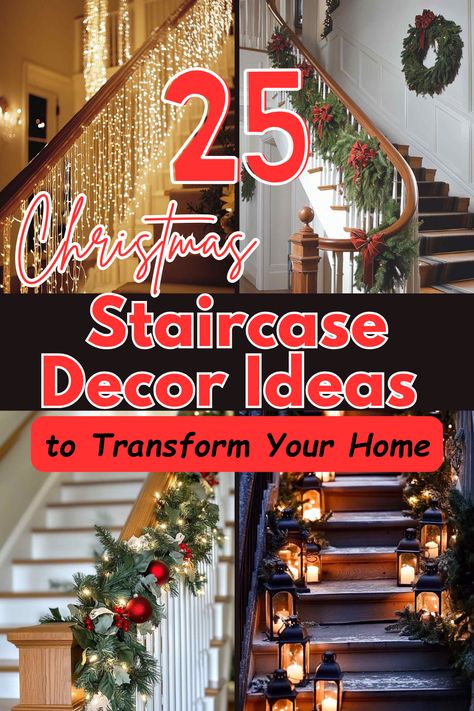 Looking to make your staircase a showstopper this holiday season? Discover 25 creative and festive Christmas staircase decor ideas, including garlands, lights, and unique accents that will bring holiday cheer to your home! #ChristmasDecor #StaircaseDecor #HolidayDecorIdeas #FestiveHomeDecor #ChristmasInspiration Christmas Lights Staircase, Decorated Staircase For Christmas, Stairs Decor For Christmas, Holiday Stairs Decorations, Christmas Decorations For Banisters, Christmas Lights On Staircase, Christmas Stair Decoration, Staircase Holiday Decor, Christmas Garland Staircase Ideas