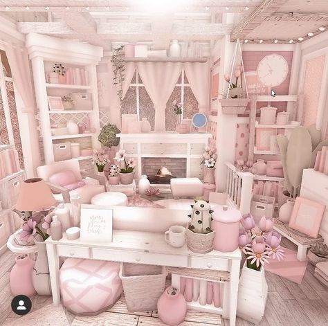 Coquette Adopt Me House, Coquette Living Room Bloxburg, Dining Table Bloxburg, Cute Bloxburg Living Room Ideas, Bloxburg Vanity Ideas, Bloxburg Vanity, Bloxburg Instagram, Coquette House, Pink House Interior