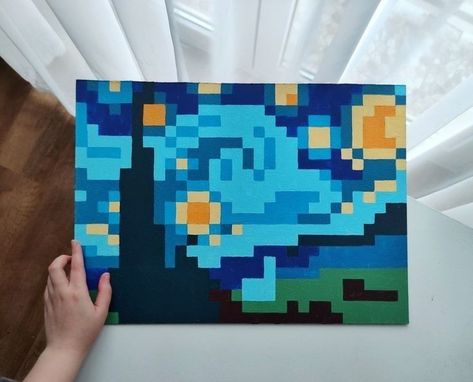 Starry Night Minecraft, Pixel Canvas Painting, Pixel Starry Night, Pixel Painting Canvases, Minecraft Pixel Art Painting, Pixel Art Painting Canvases, Painting Ideas Minecraft, Minecraft Painting Ideas On Canvas, Minecraft Canvas Painting